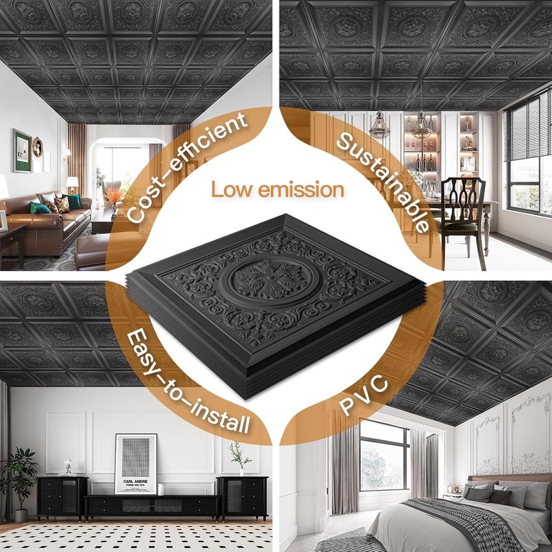 WOWSTAR 12-Pack 24"x24" Drop Ceiling Tiles, Waterproof Glue Up Vintage Style 3D Ceiling Tiles, Black - Image 4